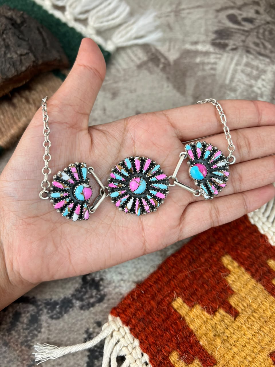Handmade Sterling Silver Cotton Candy Choker Necklace Signed Nizhoni