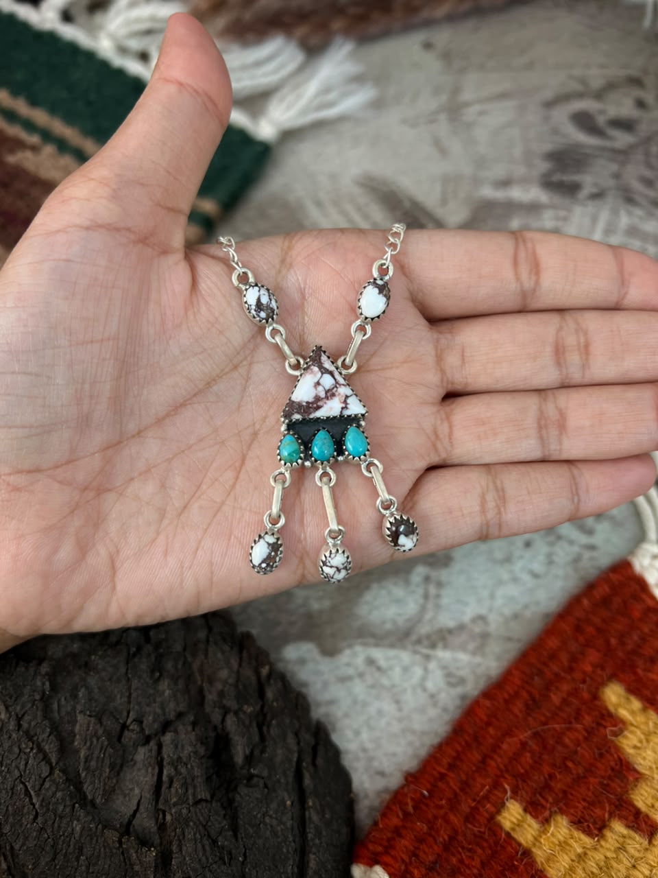 Handmade Sterling Silver Kingman Turquoise with Wildhorse Magnesite Necklace Signed Nizhoni