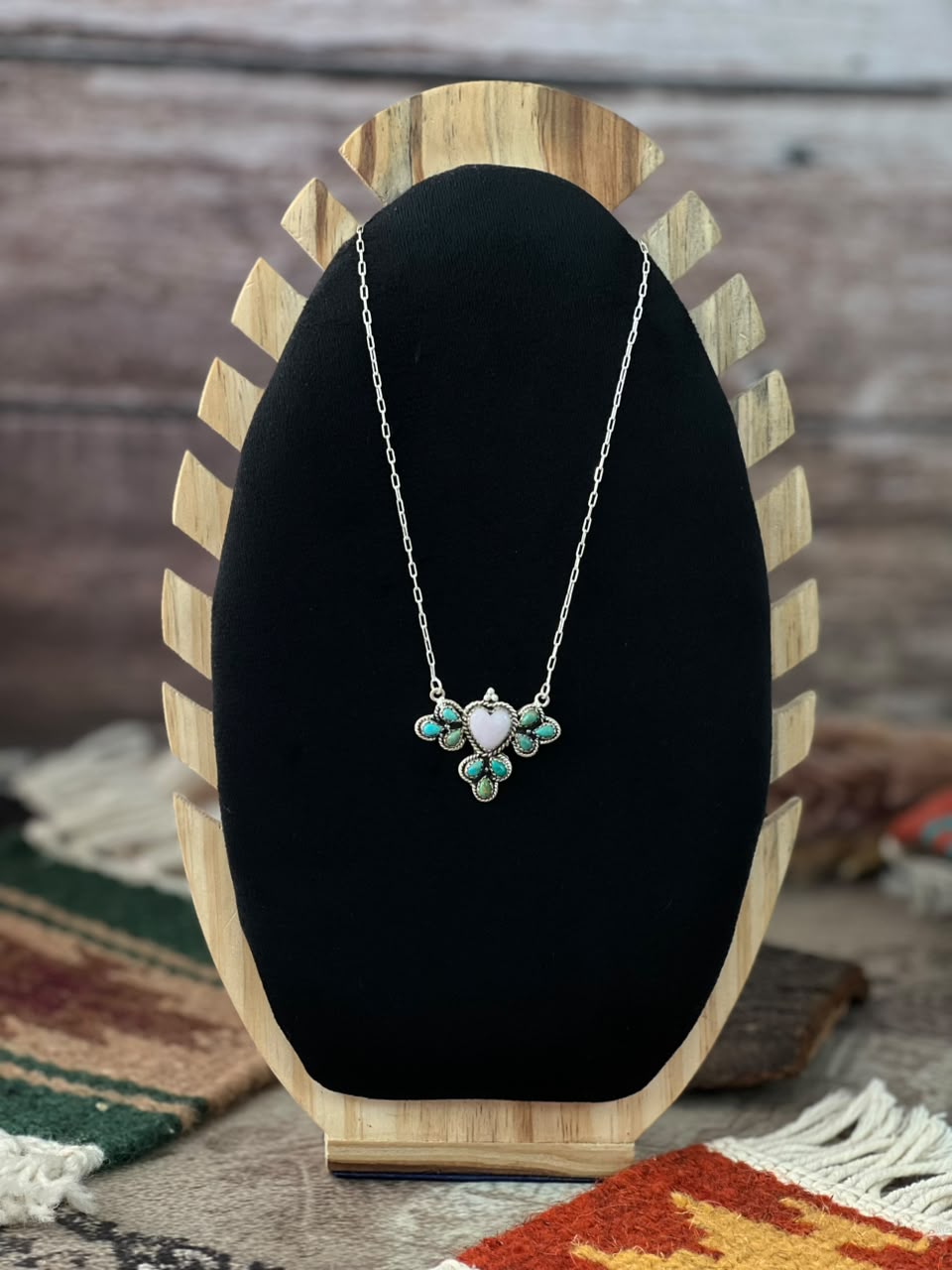 Handmade Sterling Silver Kingman Turquoise with Pink Opal Necklace Signed Nizhoni