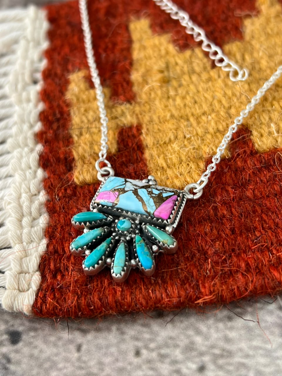 Handmade Sterling Silver Cotton Candy with Kingman Turquoise Necklace Signed Nizhoni