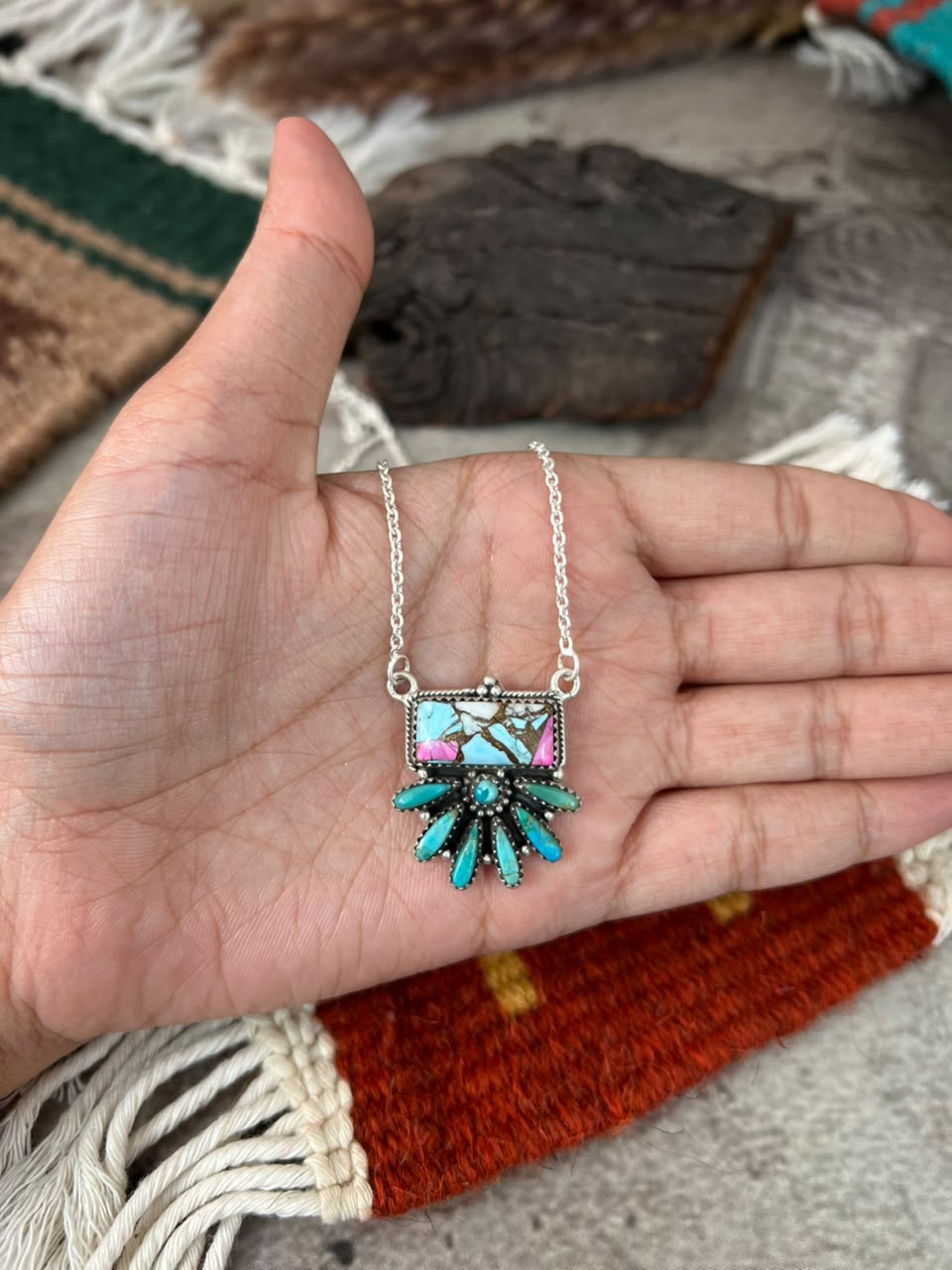Handmade Sterling Silver Cotton Candy with Kingman Turquoise Necklace Signed Nizhoni