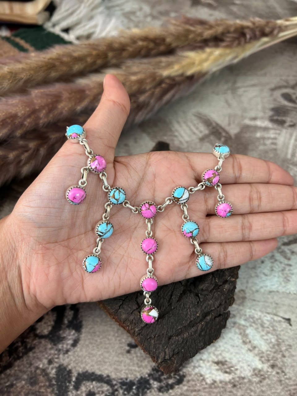 Handmade Sterling Silver Cotton Candy Choker Necklace Signed Nizhoni
