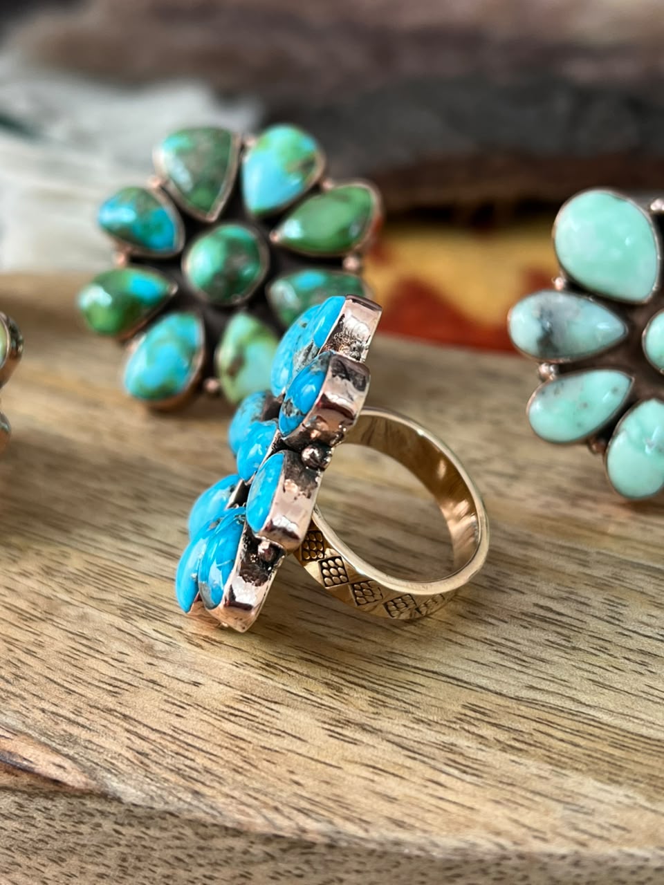 Handmade Royston, Paloma, Palomino, Sierra Bella, Sonoran Mountain and Golden Hills Turquoise Copper Collection: Adjustable Ring Signed Nizhoni