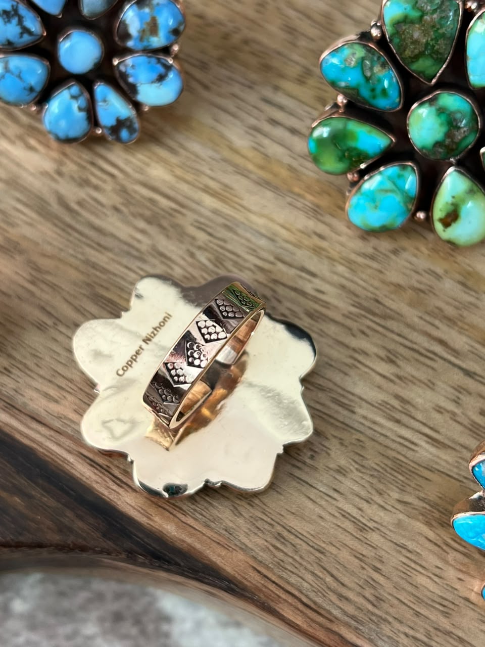 Handmade Royston, Paloma, Palomino, Sierra Bella, Sonoran Mountain and Golden Hills Turquoise Copper Collection: Adjustable Ring Signed Nizhoni