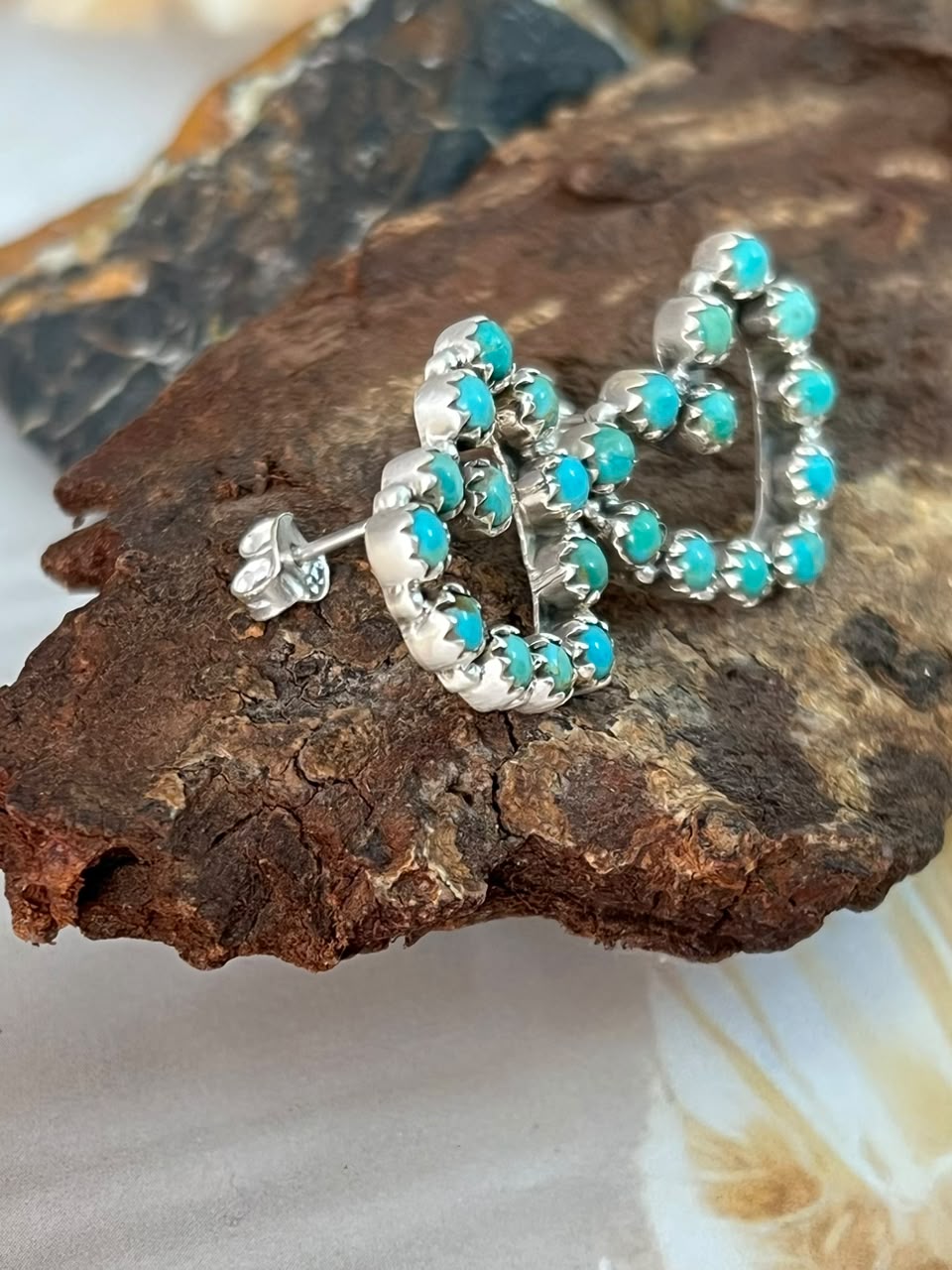 Handmade Sterling Silver Kingman Turquoise Post Studs Heart Earrings Signed Nizhoni