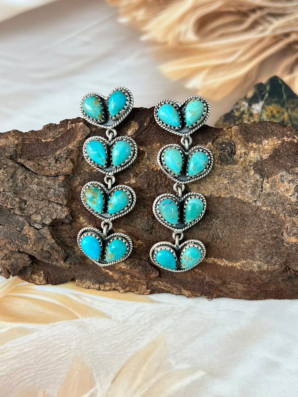 Handmade Sterling Silver Kingman Turquoise Post Dangle Heart Earrings Signed Nizhoni