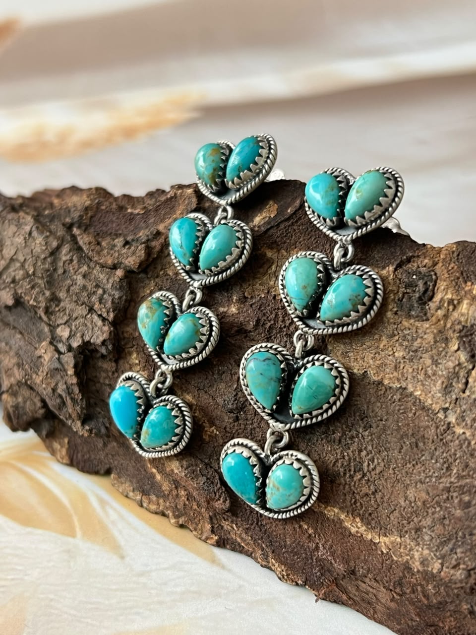 Handmade Sterling Silver Kingman Turquoise Post Dangle Heart Earrings Signed Nizhoni
