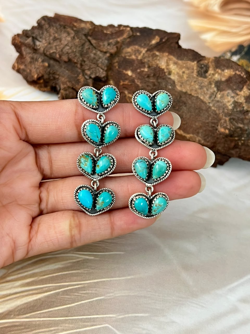 Handmade Sterling Silver Kingman Turquoise Post Dangle Heart Earrings Signed Nizhoni
