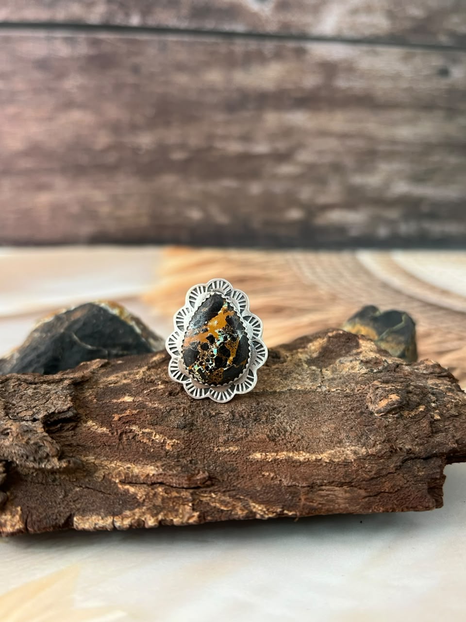 Handmade Sterling Silver Blackjack Turquoise Adjustable Ring Signed Nizhoni