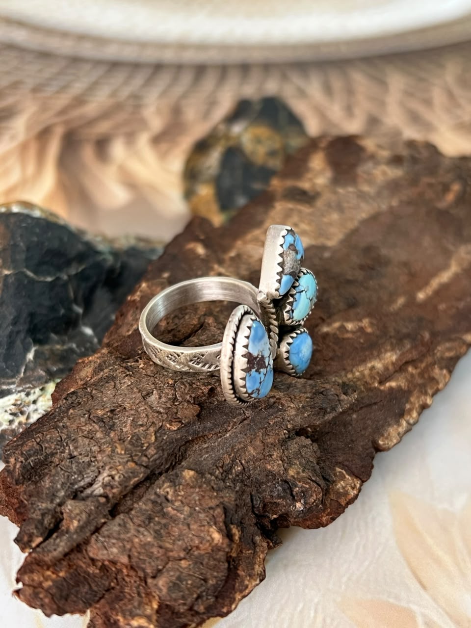 Handmade Sterling Silver Golden Hills Turquoise Adjustable Ring Signed Nizhoni