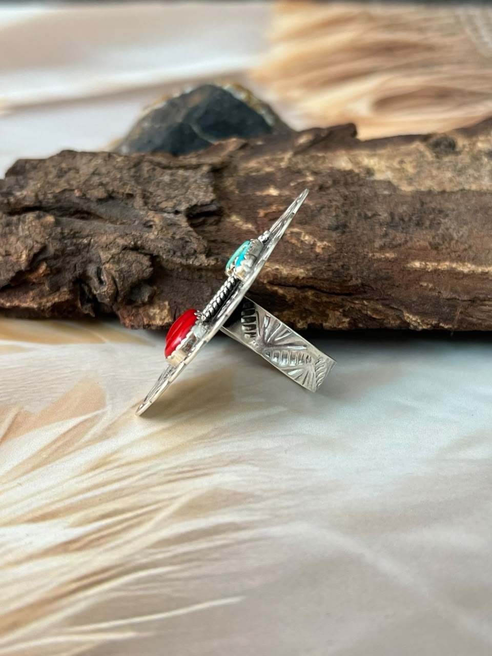Handmade Sterling Silver Kingman Turquoise with Rosarita Adjustable Cherry Ring Signed Nizhoni