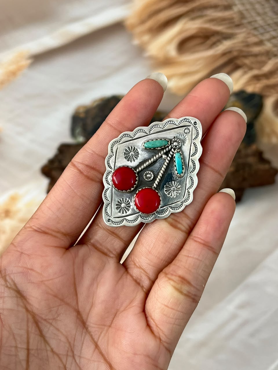 Handmade Sterling Silver Kingman Turquoise with Rosarita Adjustable Cherry Ring Signed Nizhoni