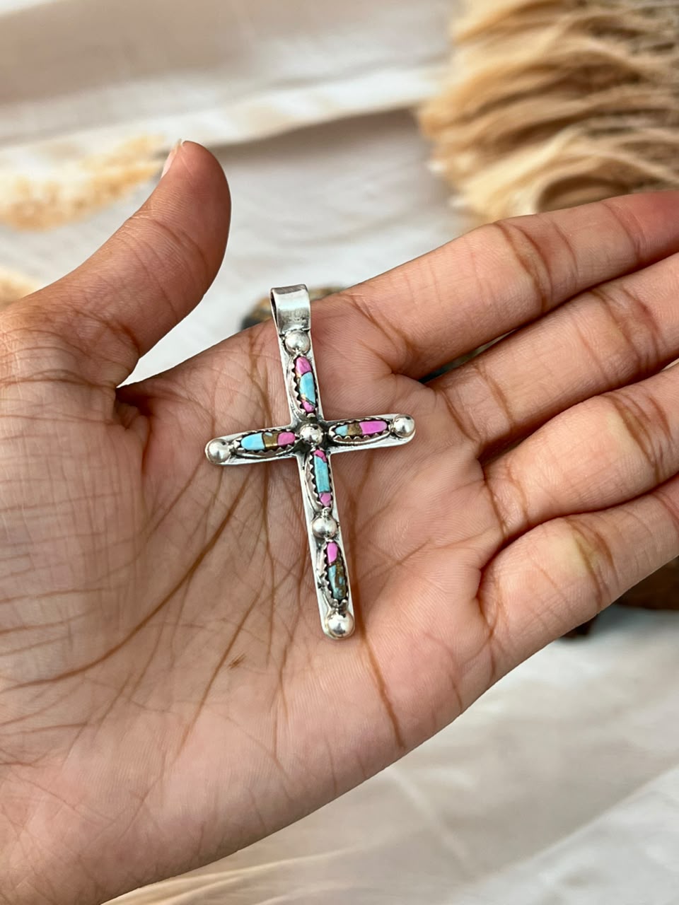 Handmade Sterling Silver Cotton Candy Cross Pendant Signed Nizhoni