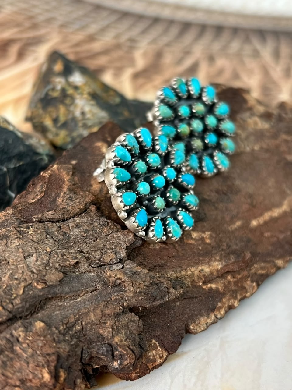 Handmade Sterling Silver Kingman Turquoise Post Studs Earrings Signed Nizhoni (3)