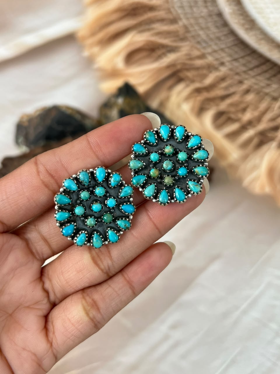 Handmade Sterling Silver Kingman Turquoise Post Studs Earrings Signed Nizhoni (3)
