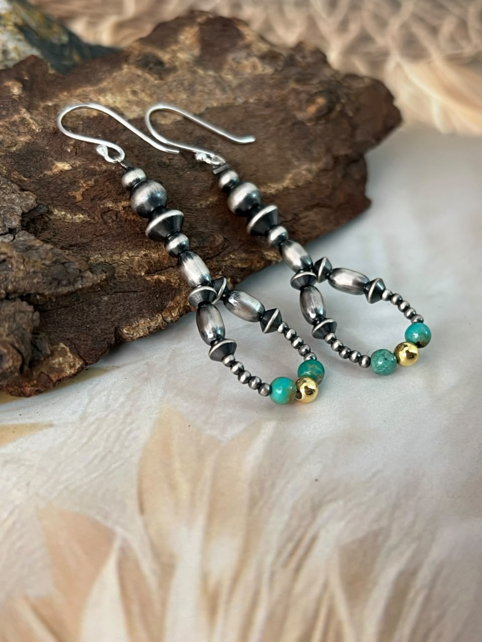 Handmade Sterling Silver Kingman Turquoise Hook Dangle Beaded Earrings
