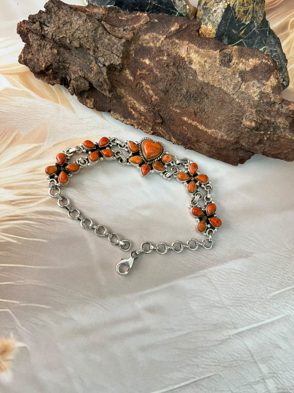 Handmade Sterling Silver Orange Mojave Chain Bracelet Signed Nizhoni