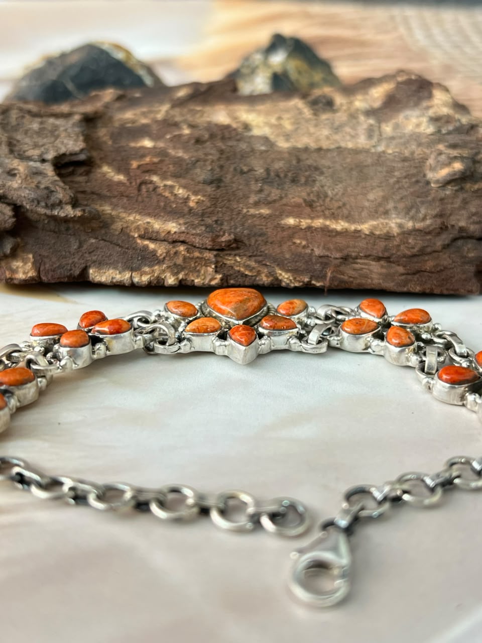 Handmade Sterling Silver Orange Mojave Chain Bracelet Signed Nizhoni