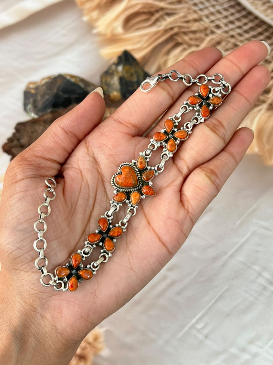 Handmade Sterling Silver Orange Mojave Chain Bracelet Signed Nizhoni