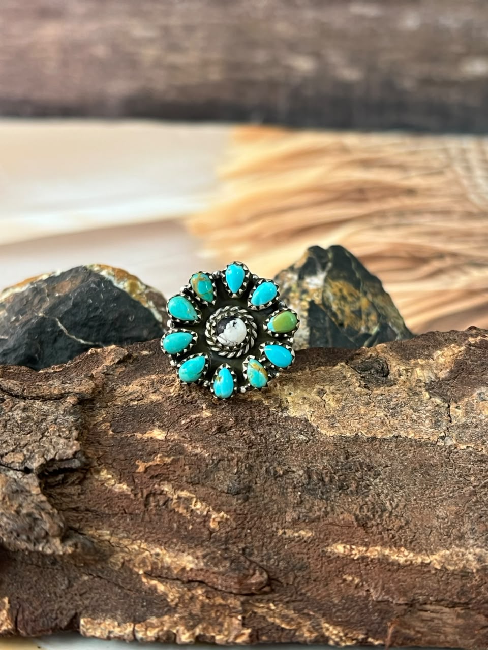 Handmade Sterling Silver Kingman Turquoise with White Buffalo Adjustable Ring Signed Nizhoni