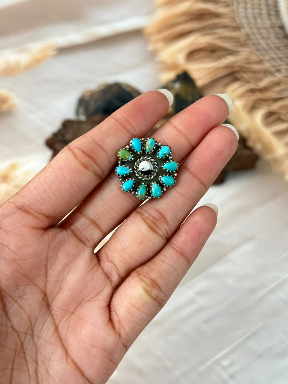 Handmade Sterling Silver Kingman Turquoise with White Buffalo Adjustable Ring Signed Nizhoni