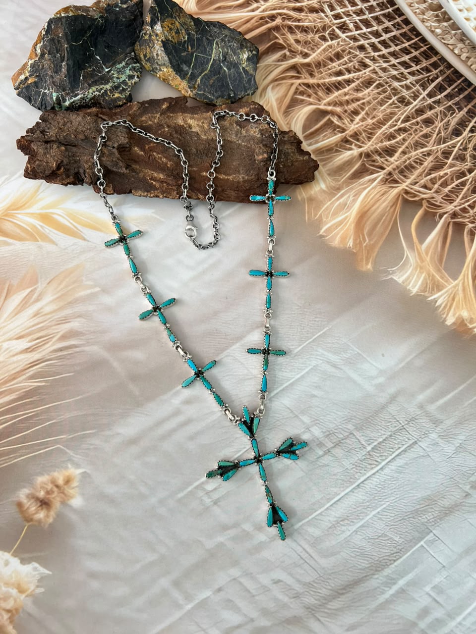 Handmade Sterling Silver Kingman Turquoise Cross Necklace Signed Nizhoni