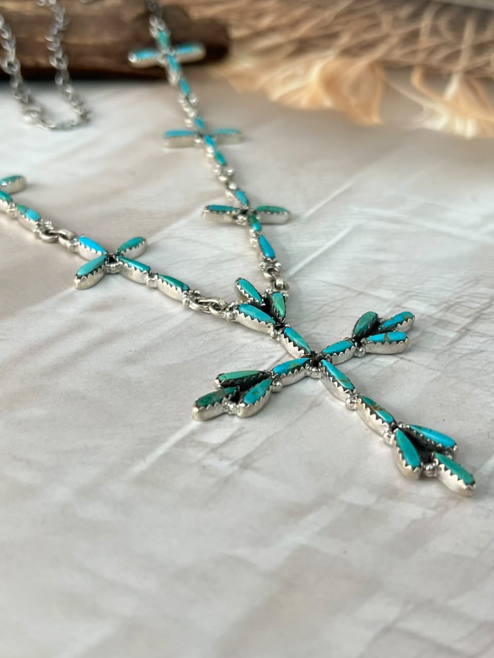 Handmade Sterling Silver Kingman Turquoise Cross Necklace Signed Nizhoni