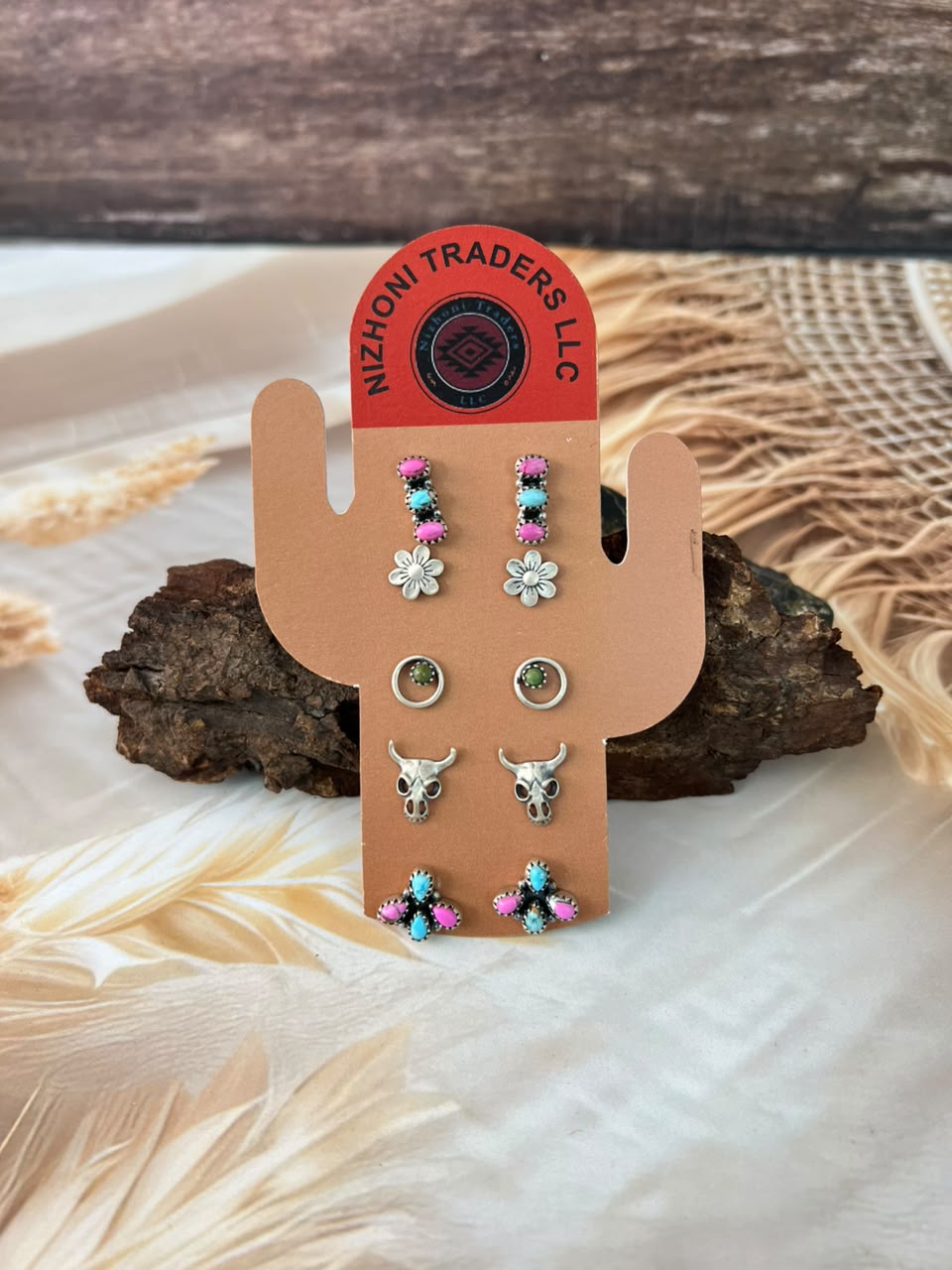 Handmade Sterling Silver Cotton Candy and Kingman Turquoise Post Studs Cards