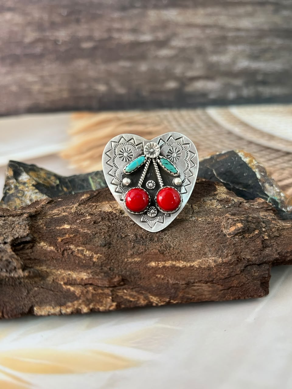 Handmade Sterling Silver Kingman Turquoise with Rosarita Adjustable Cherry Ring Signed Nizhoni