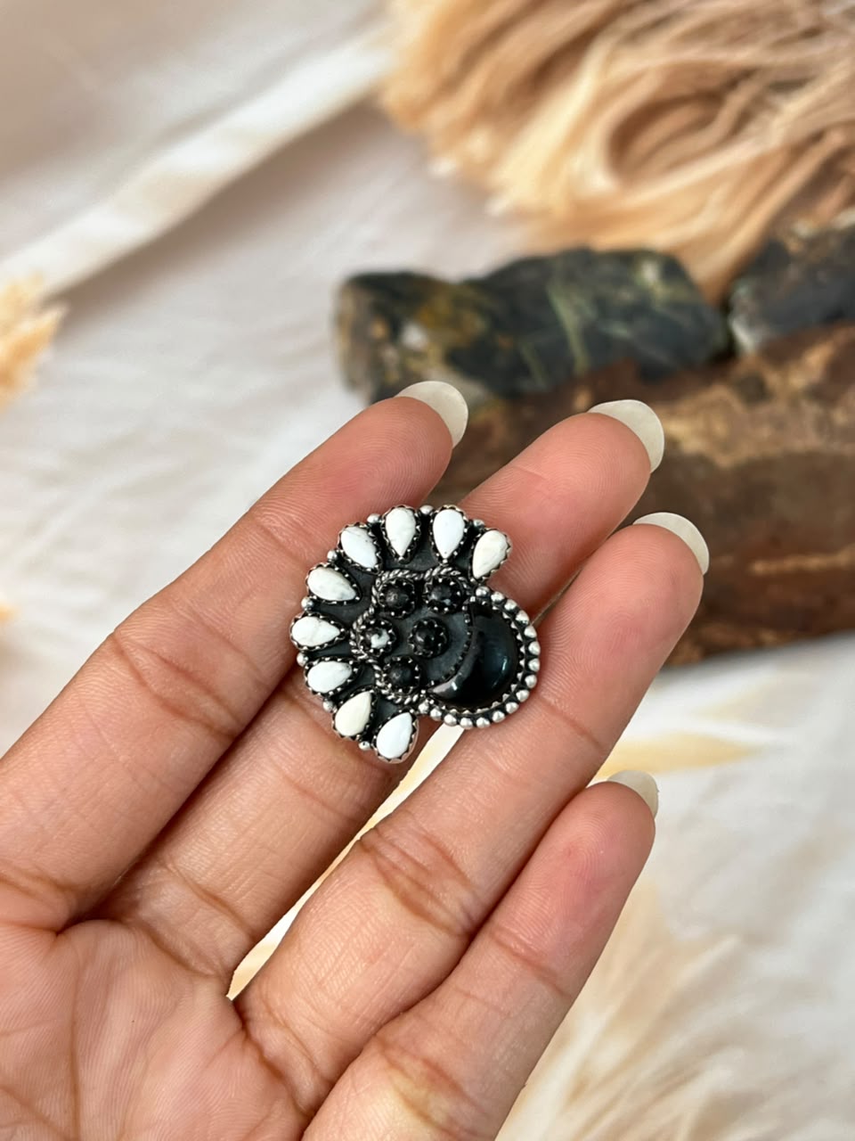 Handmade Sterling Silver White Buffalo Adjustable Ring Signed Nizhoni