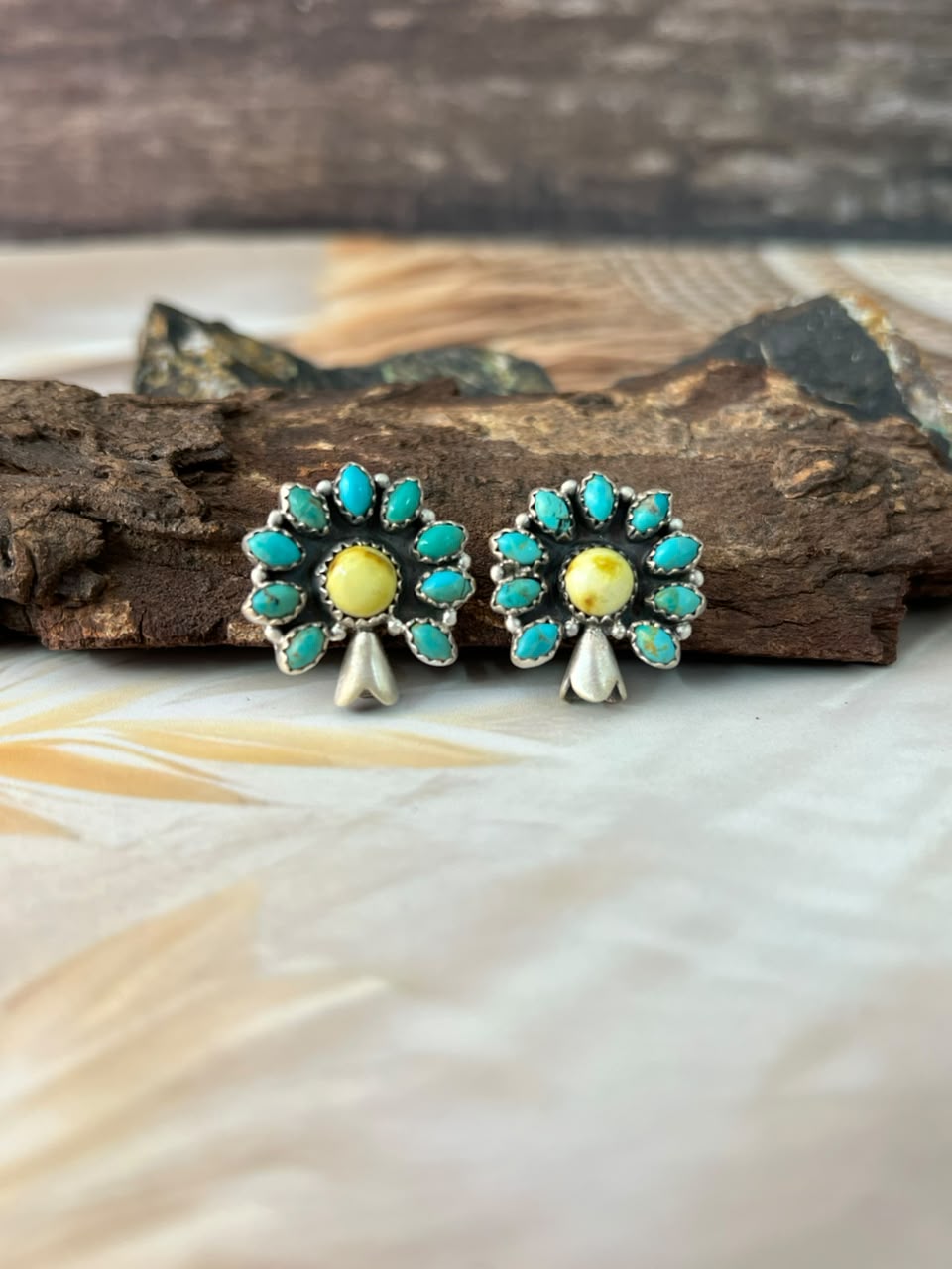 Handmade Sterling Silver Palomino with Kingman Turquoise Post Studs Squash Blossom Earrings Signed Nizhoni