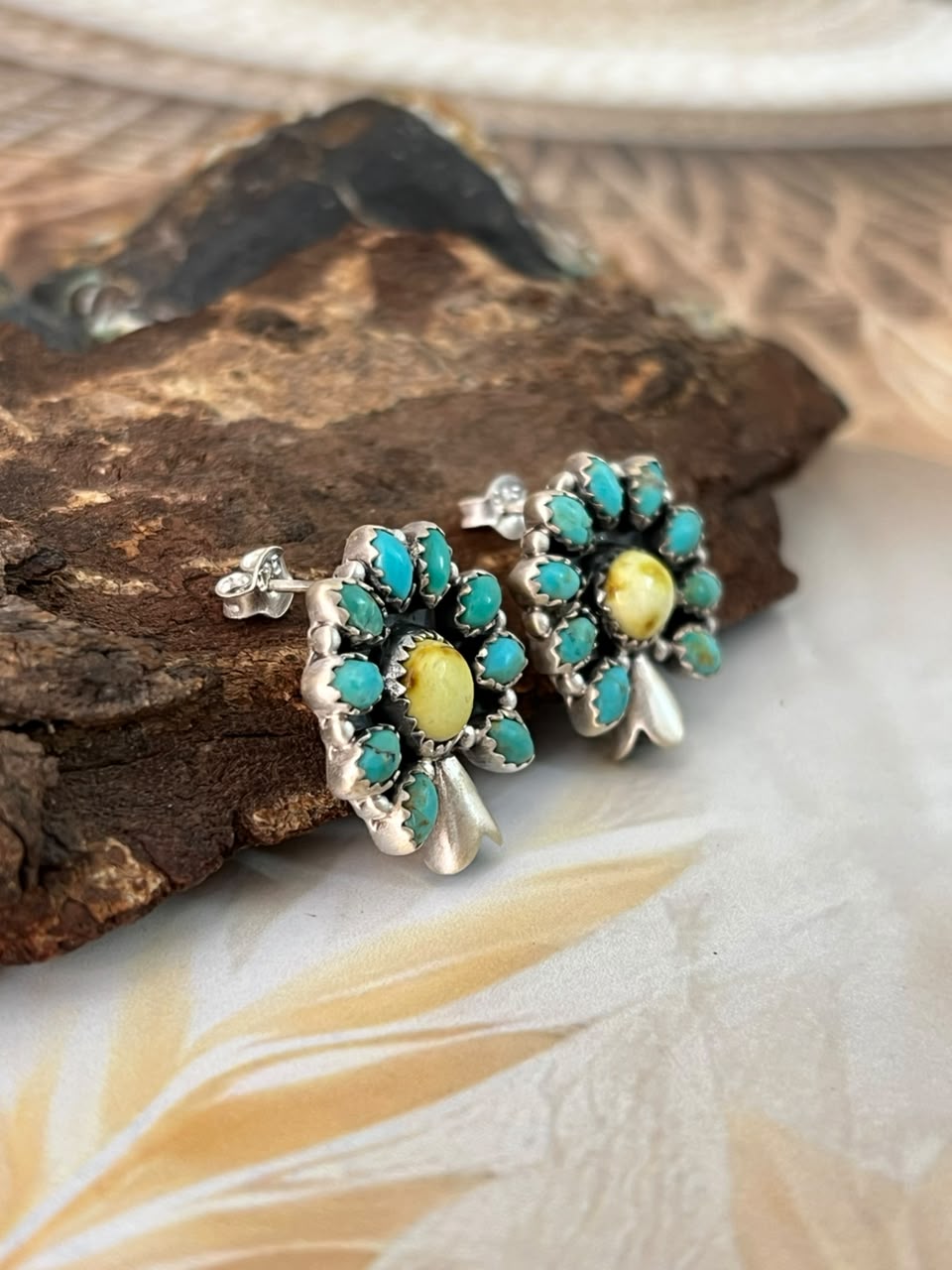 Handmade Sterling Silver Palomino with Kingman Turquoise Post Studs Squash Blossom Earrings Signed Nizhoni