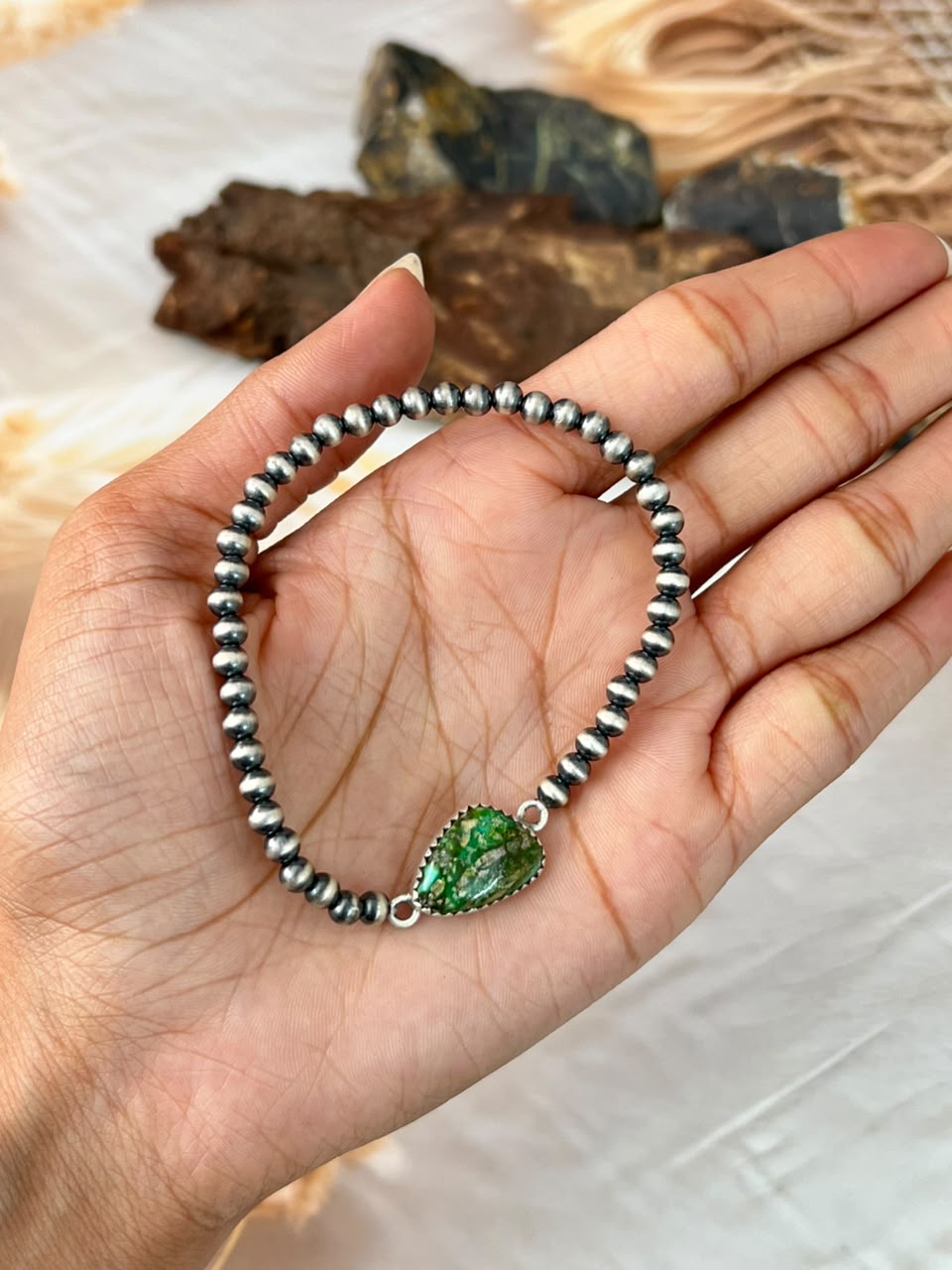 Handmade Sterling Silver Sonoran Mountain Turquoise Stretchy Beaded Bracelet Signed Nizhoni