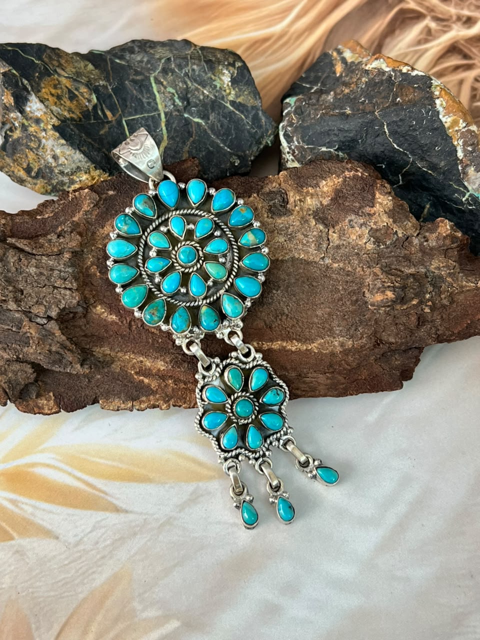 Handmade Sterling Silver Kingman Turquoise Pendant Signed Nizhoni