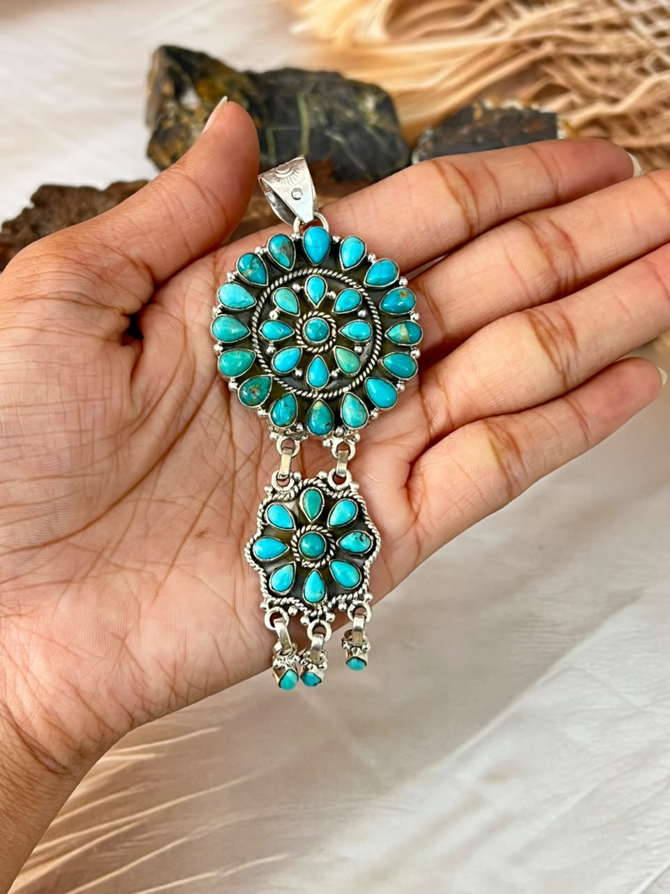 Handmade Sterling Silver Kingman Turquoise Pendant Signed Nizhoni