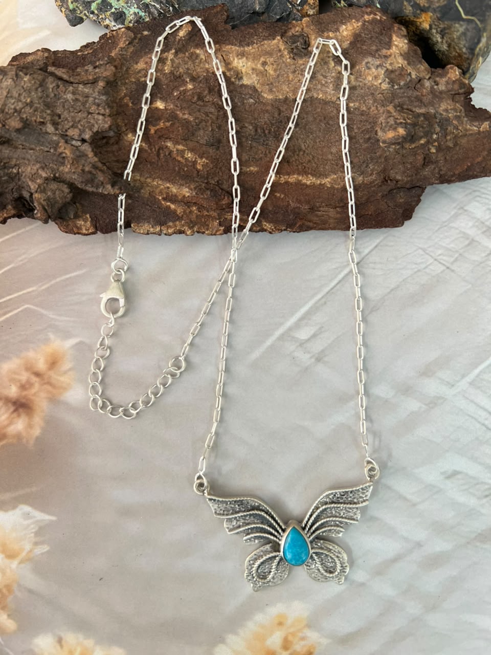 Handmade Sterling Silver Kingman Turquoise Butterfly Necklace Signed Nizhoni