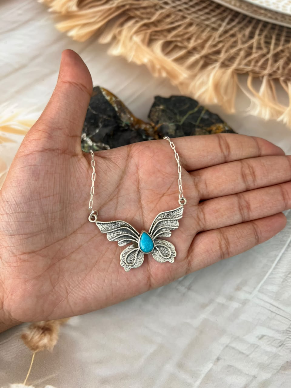 Handmade Sterling Silver Kingman Turquoise Butterfly Necklace Signed Nizhoni