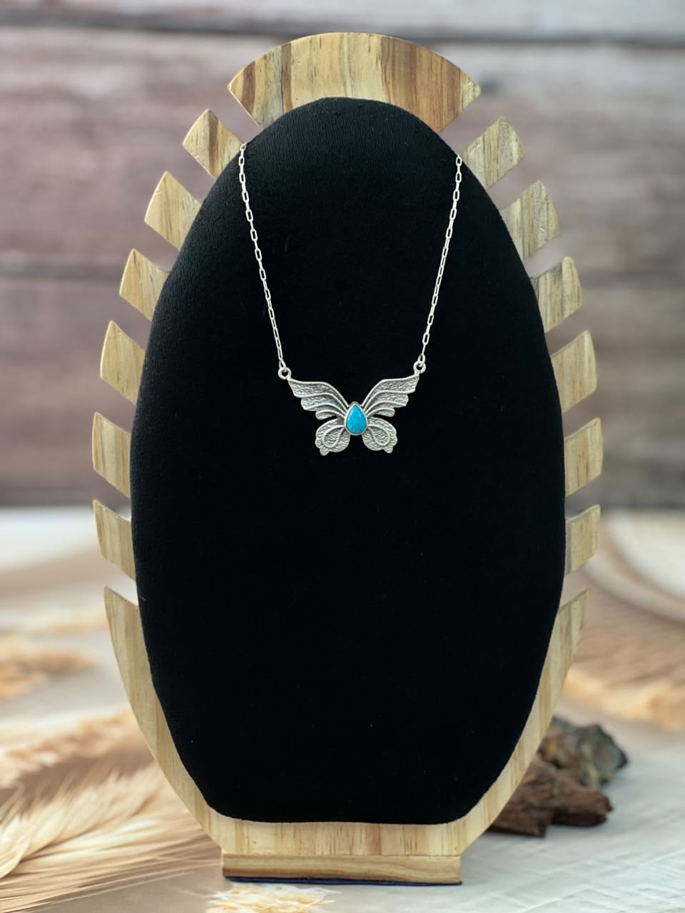 Handmade Sterling Silver Kingman Turquoise Butterfly Necklace Signed Nizhoni