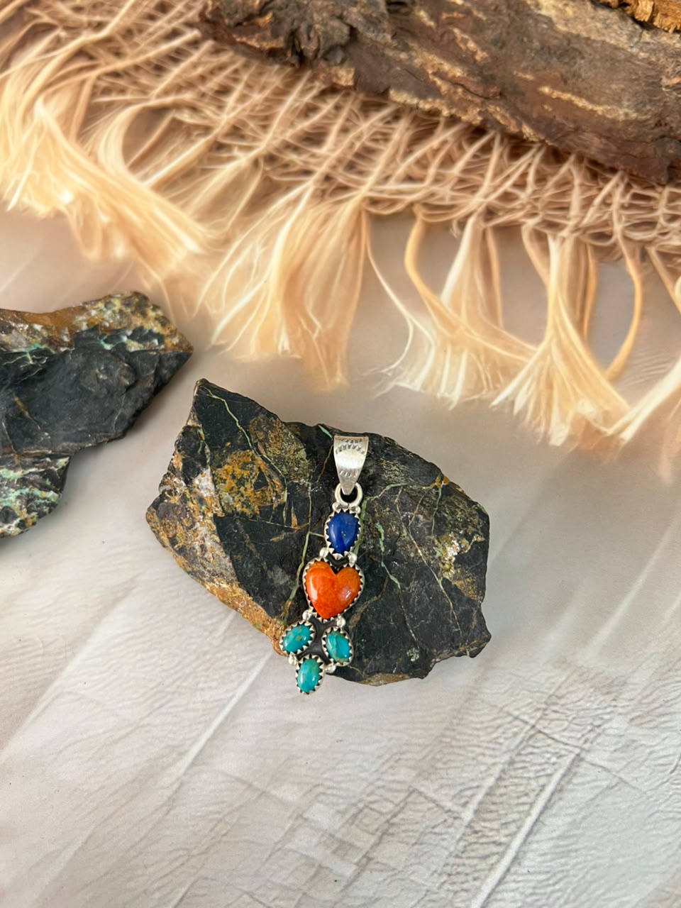 Handmade Sterling Silver Kingman Turquoise with Orange Mojave and Lapis Pendant Signed Nizhoni