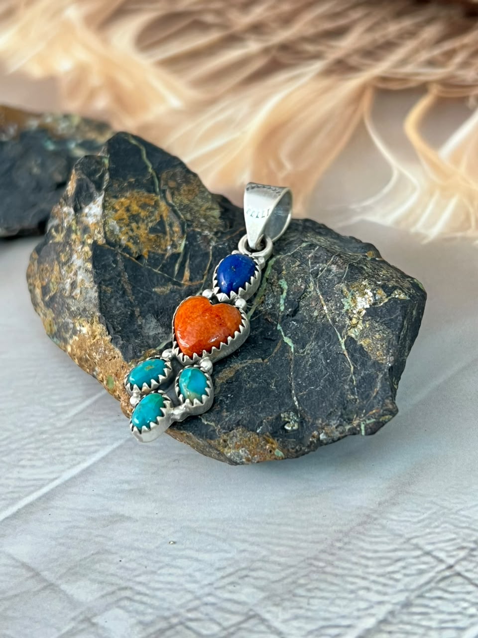 Handmade Sterling Silver Kingman Turquoise with Orange Mojave and Lapis Pendant Signed Nizhoni