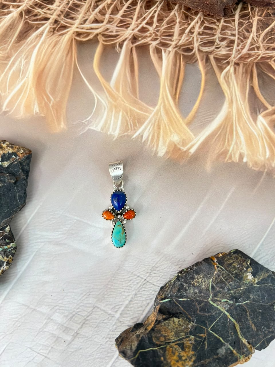 Handmade Sterling Silver Kingman Turquoise with Orange Mojave and Lapis Pendant Signed Nizhoni