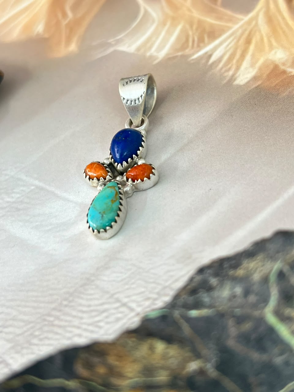 Handmade Sterling Silver Kingman Turquoise with Orange Mojave and Lapis Pendant Signed Nizhoni
