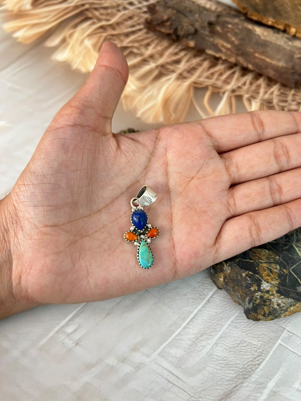 Handmade Sterling Silver Kingman Turquoise with Orange Mojave and Lapis Pendant Signed Nizhoni