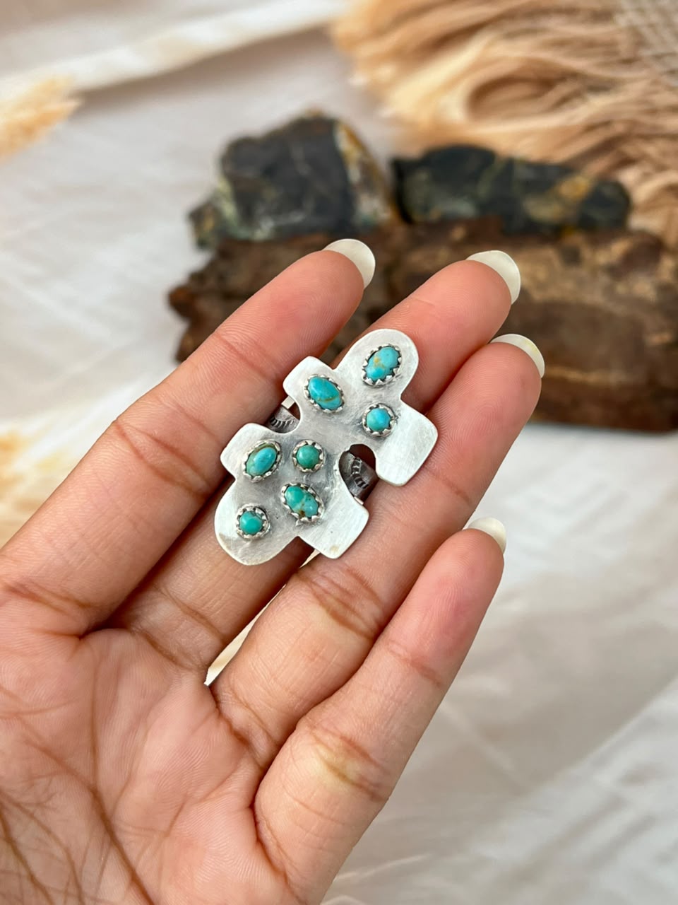 Handmade Sterling Silver Kingman Turquoise Adjustable Ring Signed Nizhoni