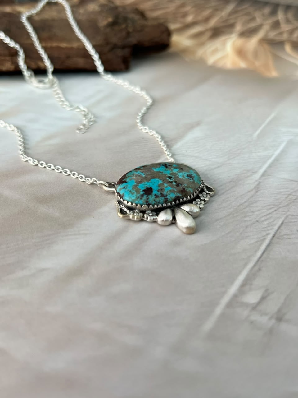 Handmade Sterling Silver Manassa Turquoise Necklace Signed Nizhoni