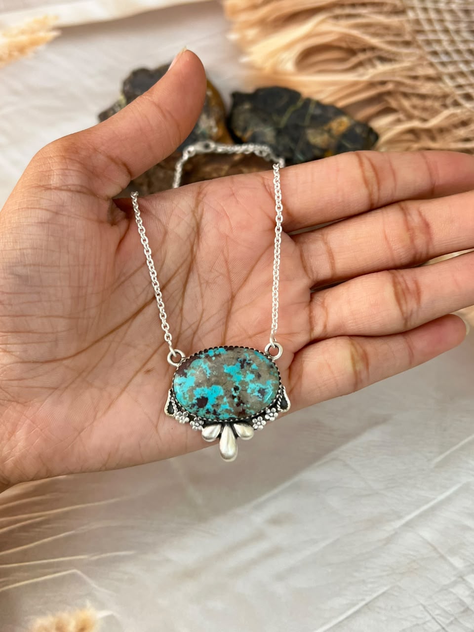 Handmade Sterling Silver Manassa Turquoise Necklace Signed Nizhoni
