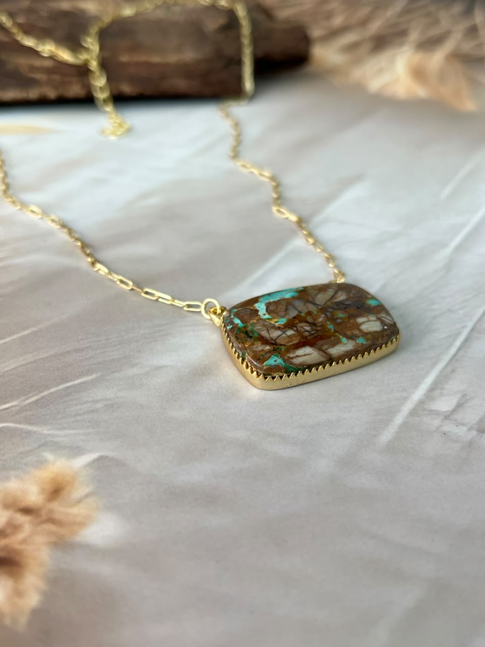 “The Golden Collection” Handmade Sterling Silver Gold Over Silver Ribbon Royston Turquoise Bar Necklace Signed Nizhoni
