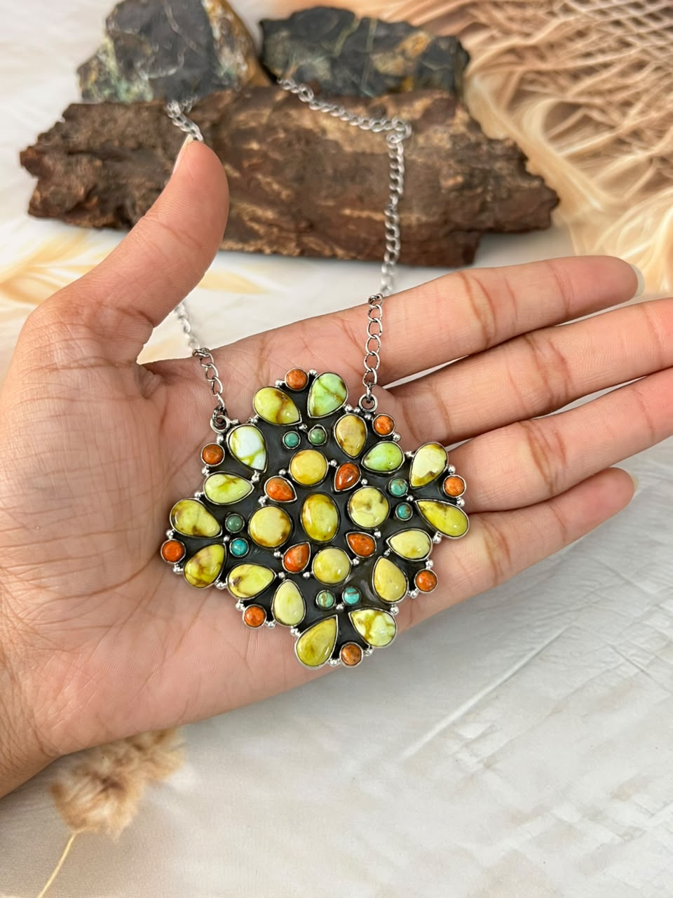 Handmade Sterling Silver Palomino with Kingman Turquoise and Orange Mojave Necklace Signed Nizhoni
