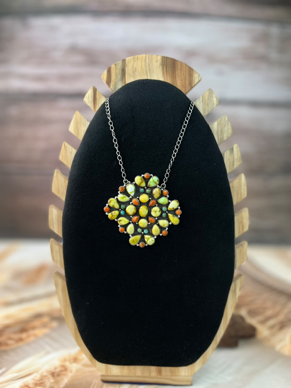 Handmade Sterling Silver Palomino with Kingman Turquoise and Orange Mojave Necklace Signed Nizhoni