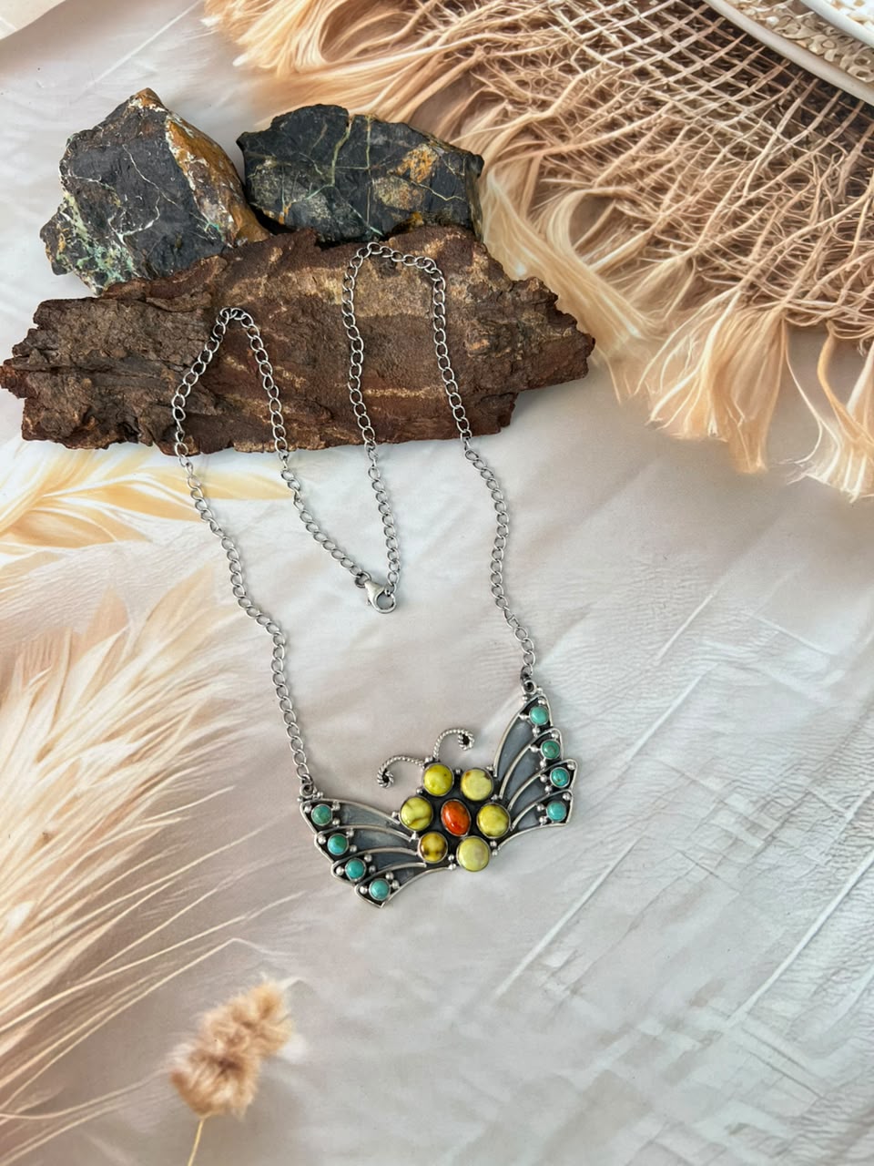 Handmade Sterling Silver Palomino with Kingman Turquoise and Orange Mojave Butterfly Necklace Signed Nizhoni